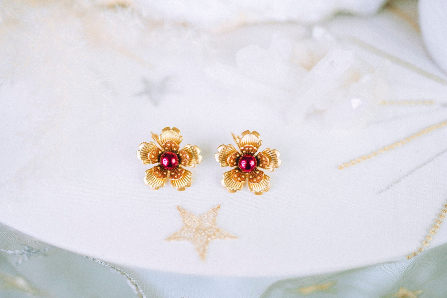 Flower earrings Festival earrings Gold Summer earrings Flower jewellery Wedding accessories Burgundy earrings Bridal earrings