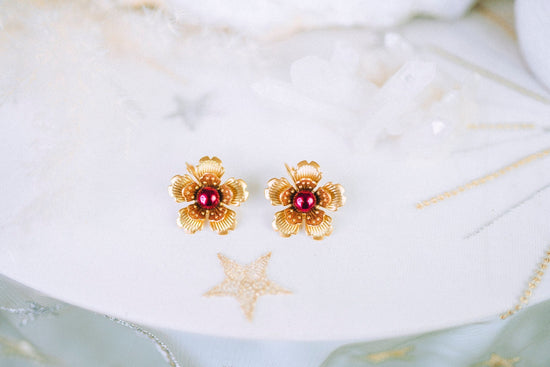 Flower earrings Festival earrings Gold Summer earrings Flower jewellery Wedding accessories Burgundy earrings Bridal earrings