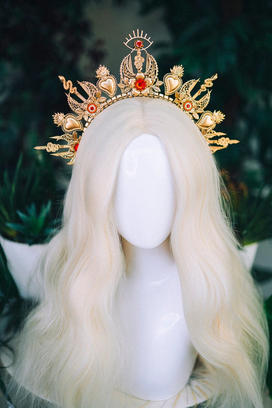 Sacred Heart Halo Crown, Gold Goddess Headdress, Celestial Headpiece, Wedding Statement Tiara, Boho Festival Crown, Luxury Halo Design