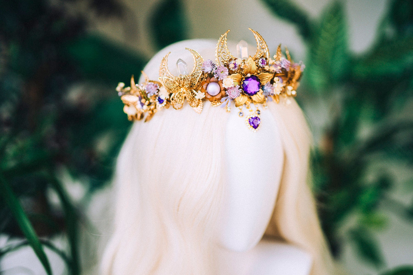 Mystic Moon Crown, Crystal Tiara, Gold Celestial Headpiece, Lunar Goddess Crown, Boho Wedding Tiara, Fantasy Festival Headpiece,Bridal crown