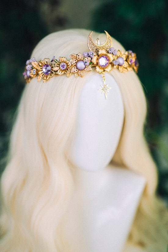 Moon Flower Tiara, Gold Headpiece with Purple Crystals Pearls Celestial Stars, Elegant Bridal Crown for Weddings Festivals Occasions