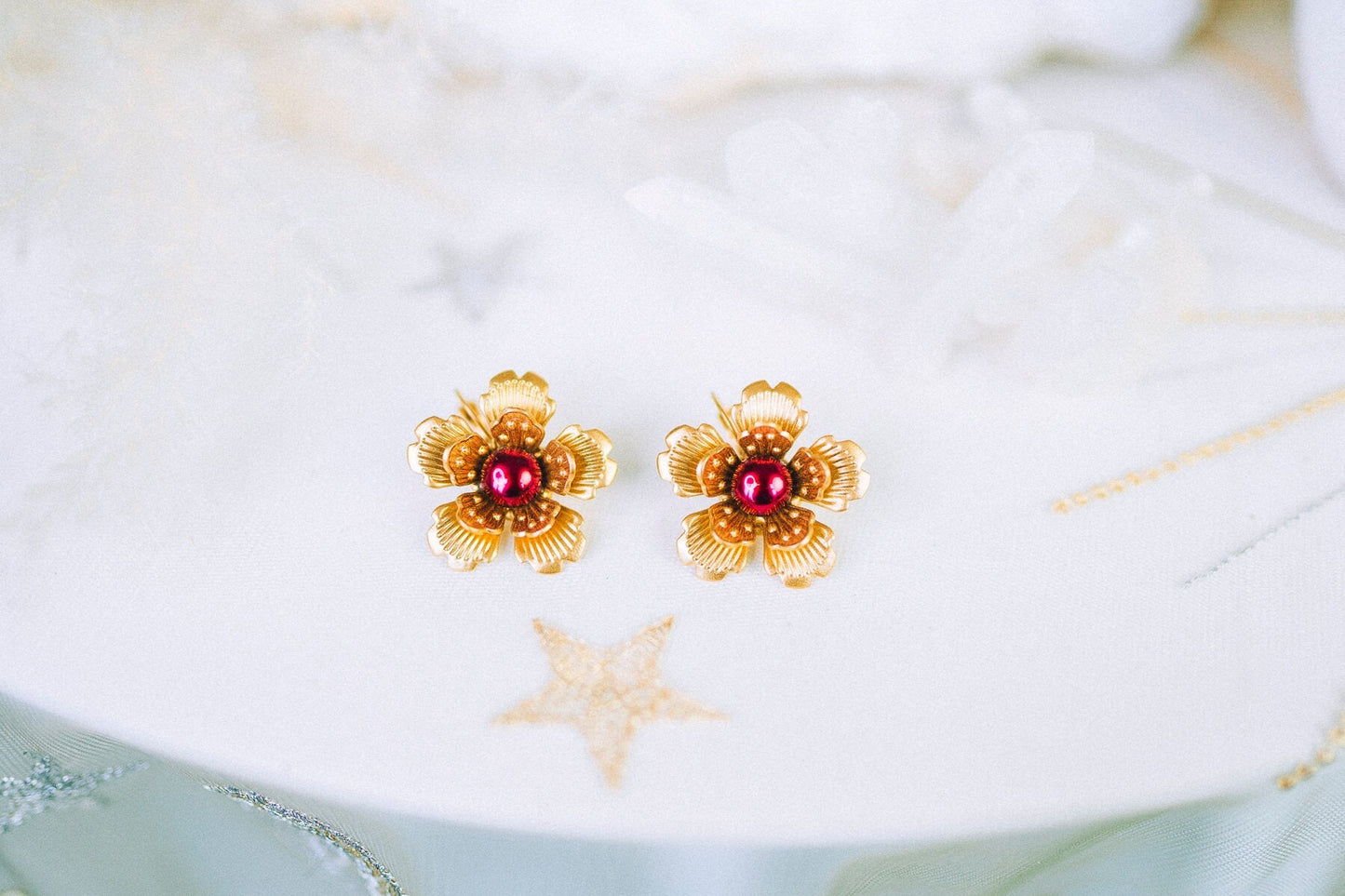 Flower earrings Festival earrings Gold Summer earrings Flower jewellery Wedding accessories Burgundy earrings Bridal earrings