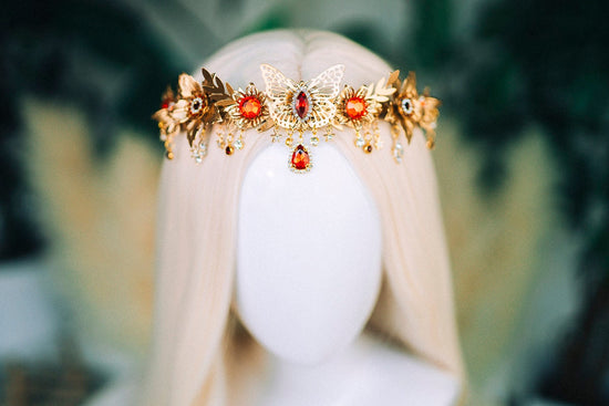 Butterfly Flower Tiara, Gold Headpiece with Red Crystals Butterflies Stars, Elegant Bridal Crown for Weddings Festivals Special Occasions