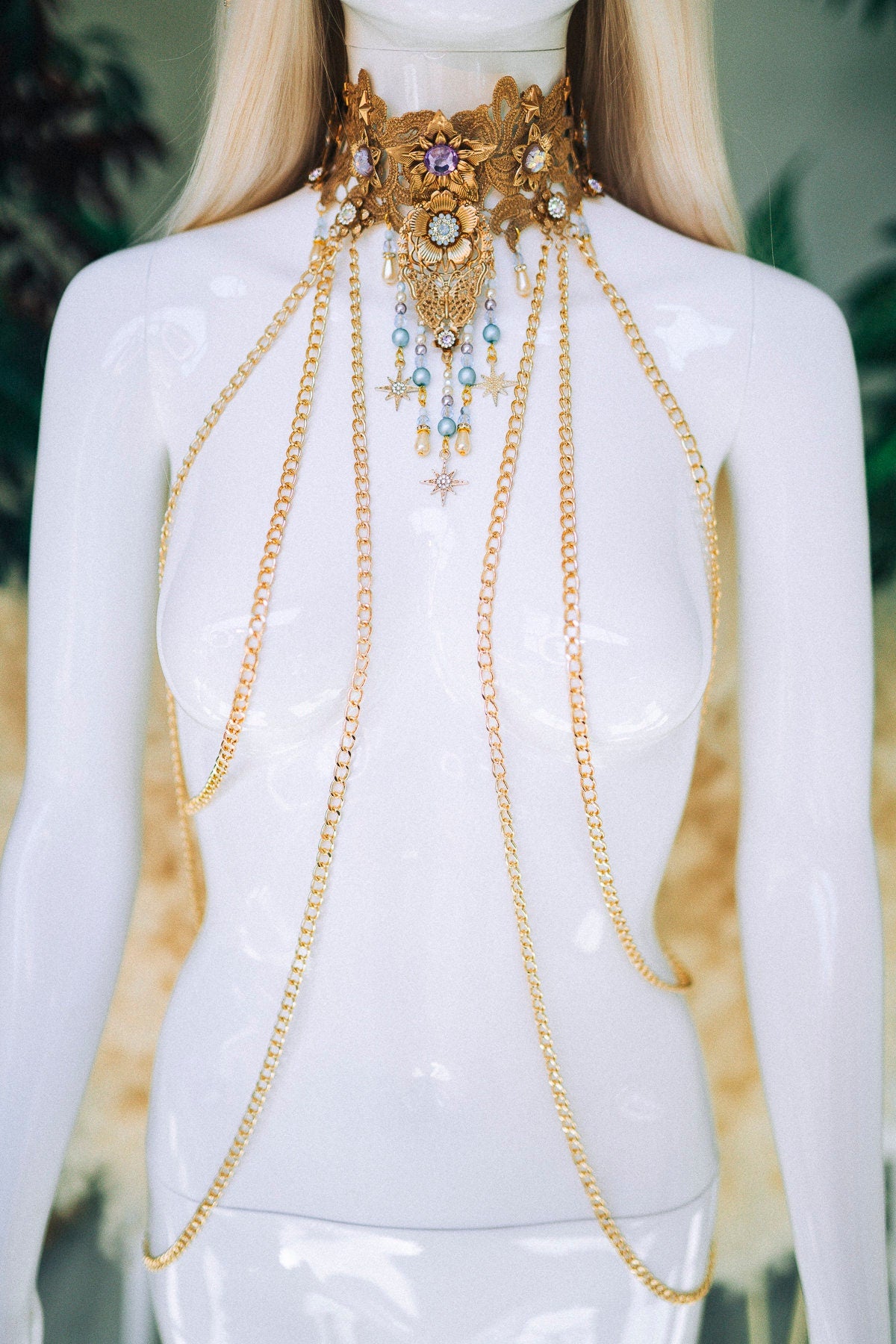 Necklace Blue necklace Gold harness Jewellery Jewelry Star jewellery Burning man Festival fashion Rave Fairy necklace Accessories Photo prop