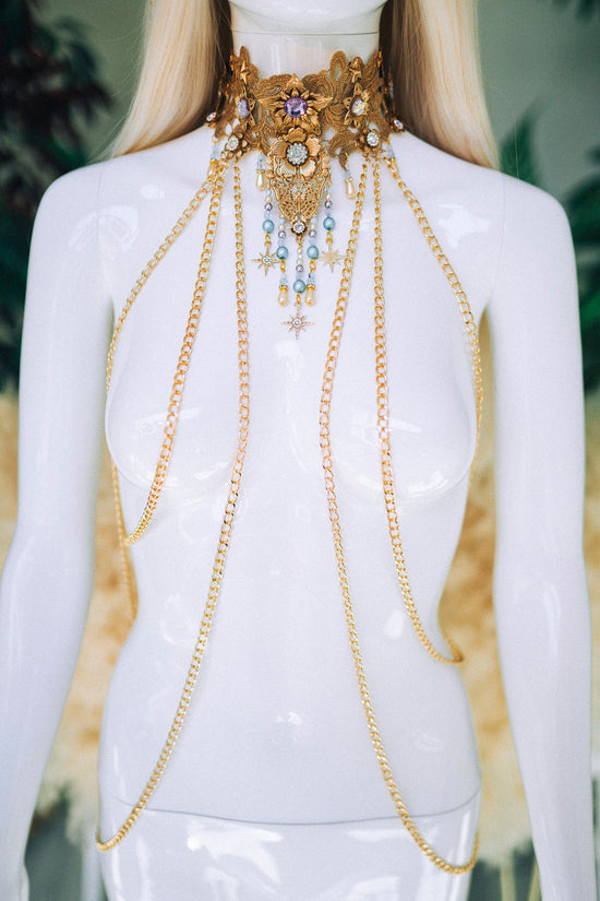 Necklace Blue necklace Gold harness Jewellery Jewelry Star jewellery Burning man Festival fashion Rave Fairy necklace Accessories Photo prop