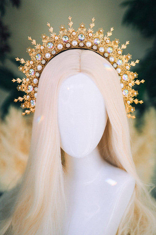 Golden Halo Crown, Pearl Wedding Tiara, Celestial Headpiece, Bridal Crown, Goddess Festival Crown, Fairytale Hair Accessory, Handmade Halo