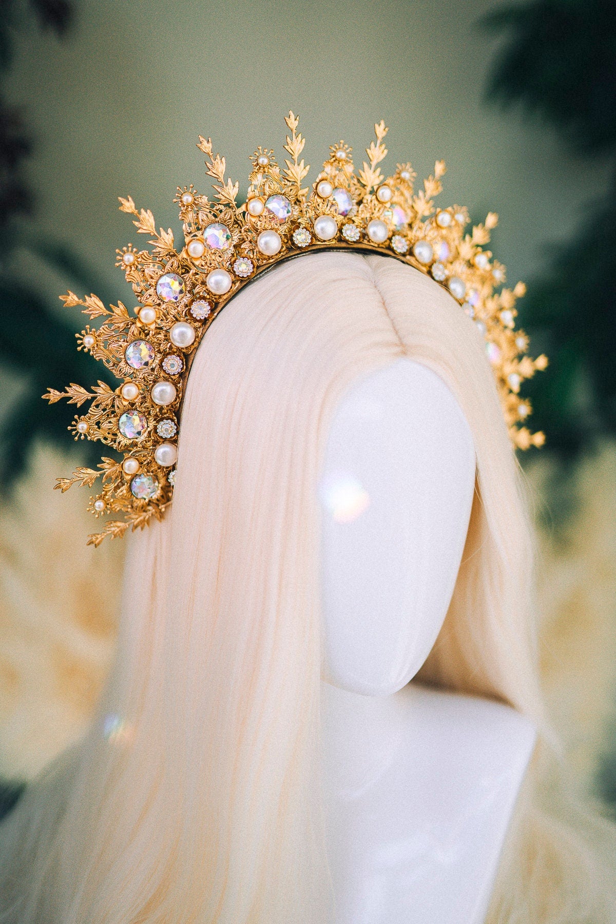 Golden Halo Crown, Pearl Wedding Tiara, Celestial Headpiece, Bridal Crown, Goddess Festival Crown, Fairytale Hair Accessory, Handmade Halo