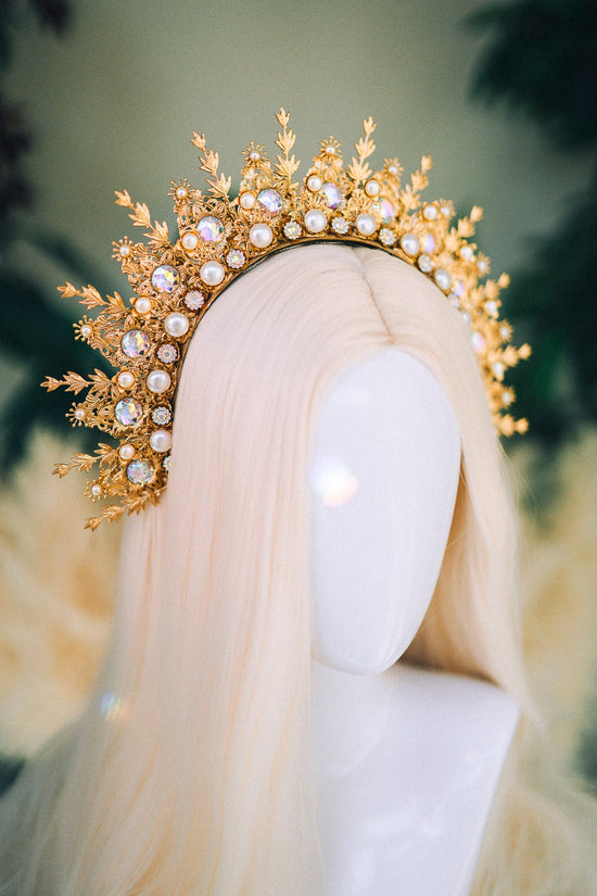 Golden Halo Crown, Pearl Wedding Tiara, Celestial Headpiece, Bridal Crown, Goddess Festival Crown, Fairytale Hair Accessory, Handmade Halo