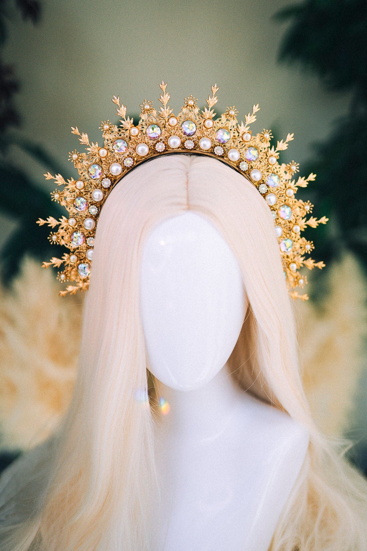 Golden Halo Crown, Pearl Wedding Tiara, Celestial Headpiece, Bridal Crown, Goddess Festival Crown, Fairytale Hair Accessory, Handmade Halo