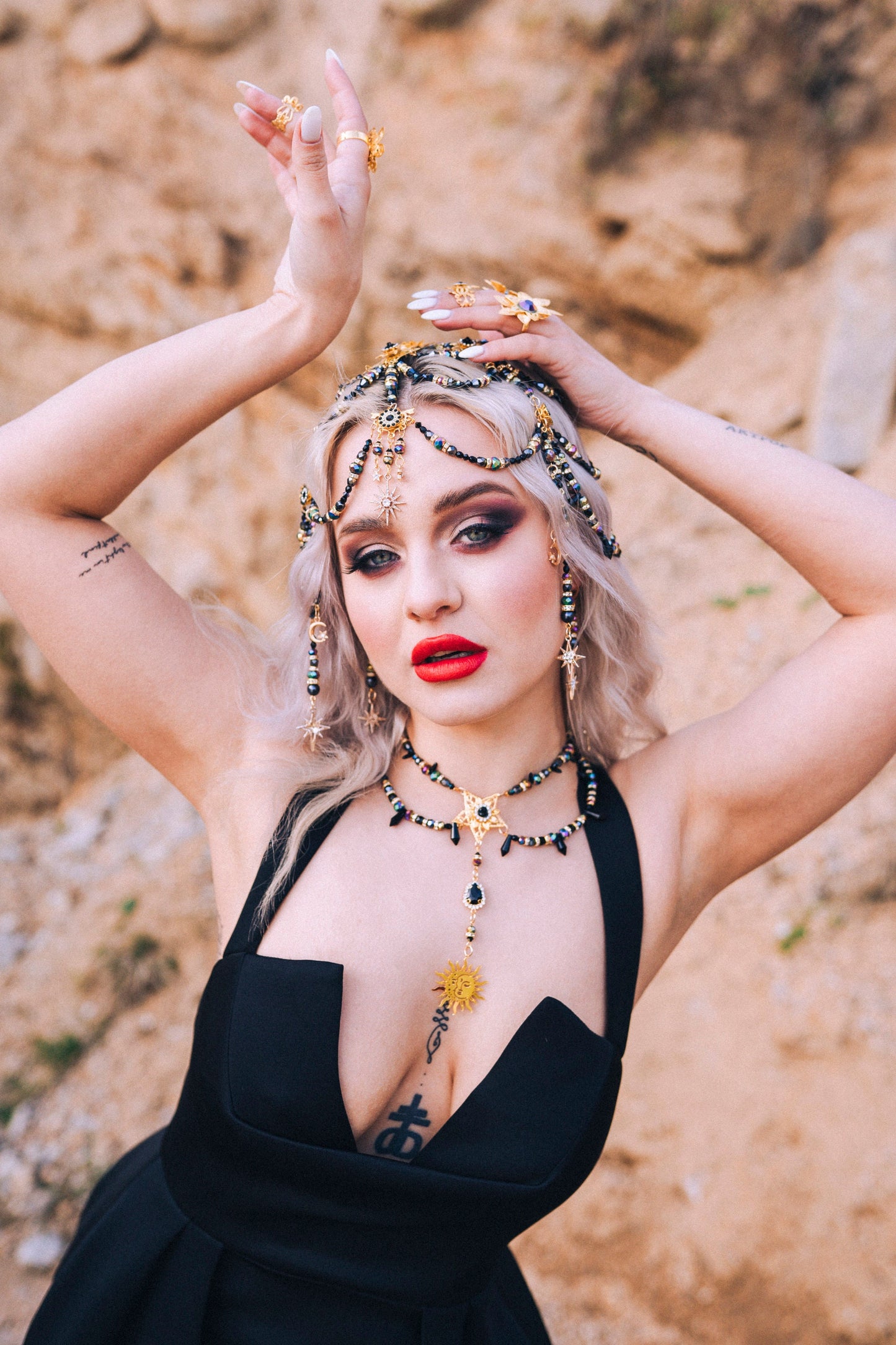 SALE Mystic Goddess Headpiece, Czech Glass Beads, Festival Jewelry, Boho Headpiece, Handmade Bridal Crown, Black Gold Hair Accessory