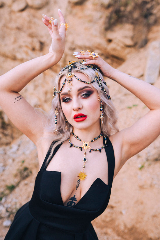 SALE Mystic Goddess Headpiece, Czech Glass Beads, Festival Jewelry, Boho Headpiece, Handmade Bridal Crown, Black Gold Hair Accessory