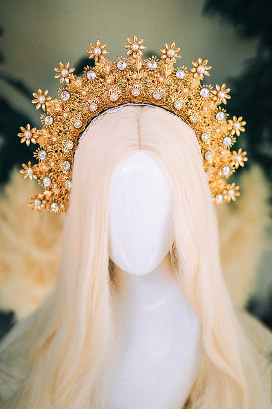 SALE Gold Halo Crown, Celestial Wedding Tiara, Bohemian Festival Headpiece, Goddess Halo, Sunburst Crown, Regal Bridal Tiara, Gold Crown