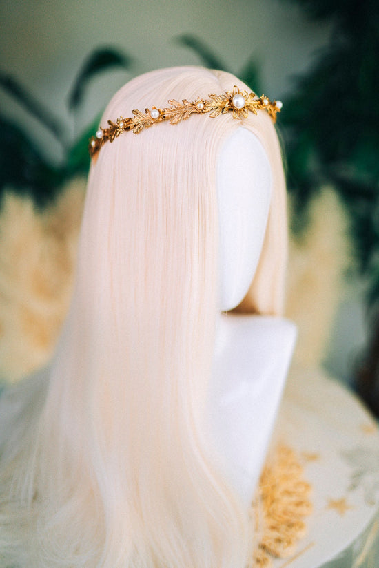 Gold Pearl Leaf Tiara, Elegant Bridal Headpiece with Pearls and Golden Leaves, Luxury Wedding Crown for Brides Festivals Special Events