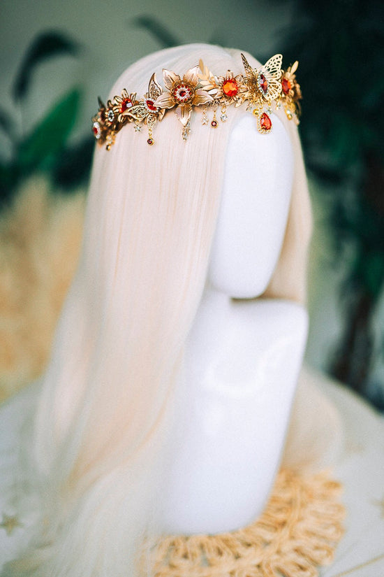 Butterfly Flower Tiara, Gold Headpiece with Red Crystals Butterflies Stars, Elegant Bridal Crown for Weddings Festivals Special Occasions