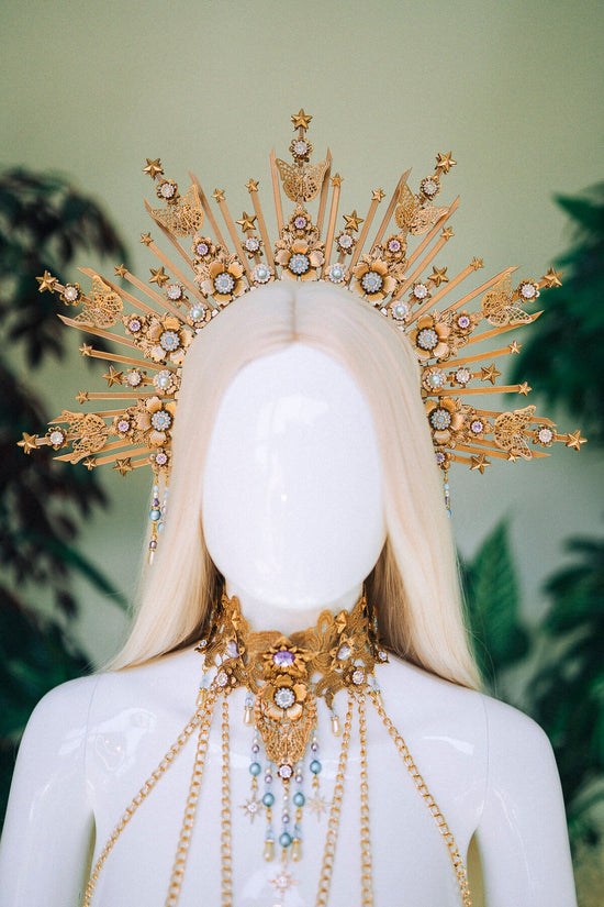 Gold Halo Crown, Celestial Butterfly Headpiece, Festival Tiara, Luxury Bridal Halo, Maternity Photoshoot, Statement Crown, Divine Headpiece