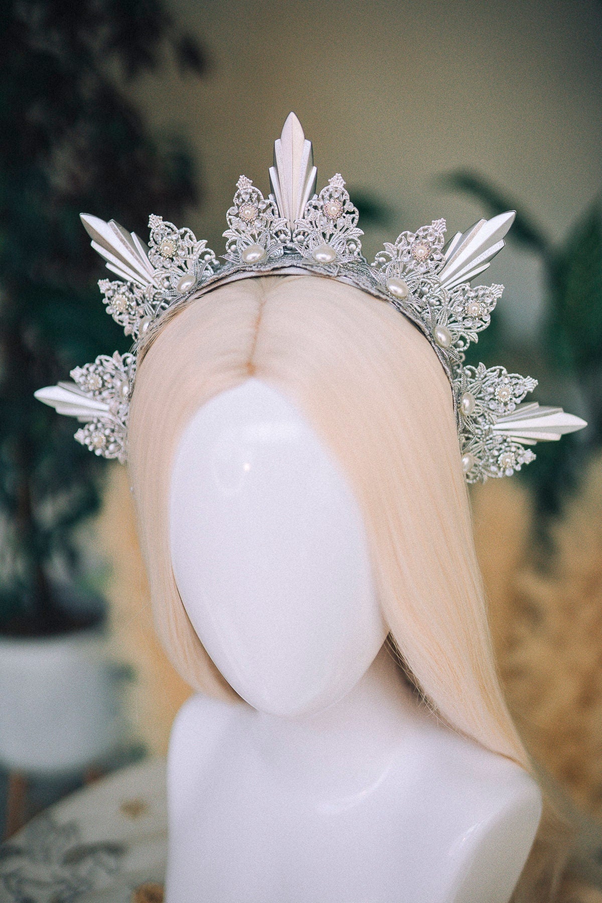 Celestial Ice Queen Crown, Silver Halo Tiara, Snow Queen Headpiece, Fantasy Bridal Crown, Pearl Spikes, Winter Crown, Handmade Headpiece