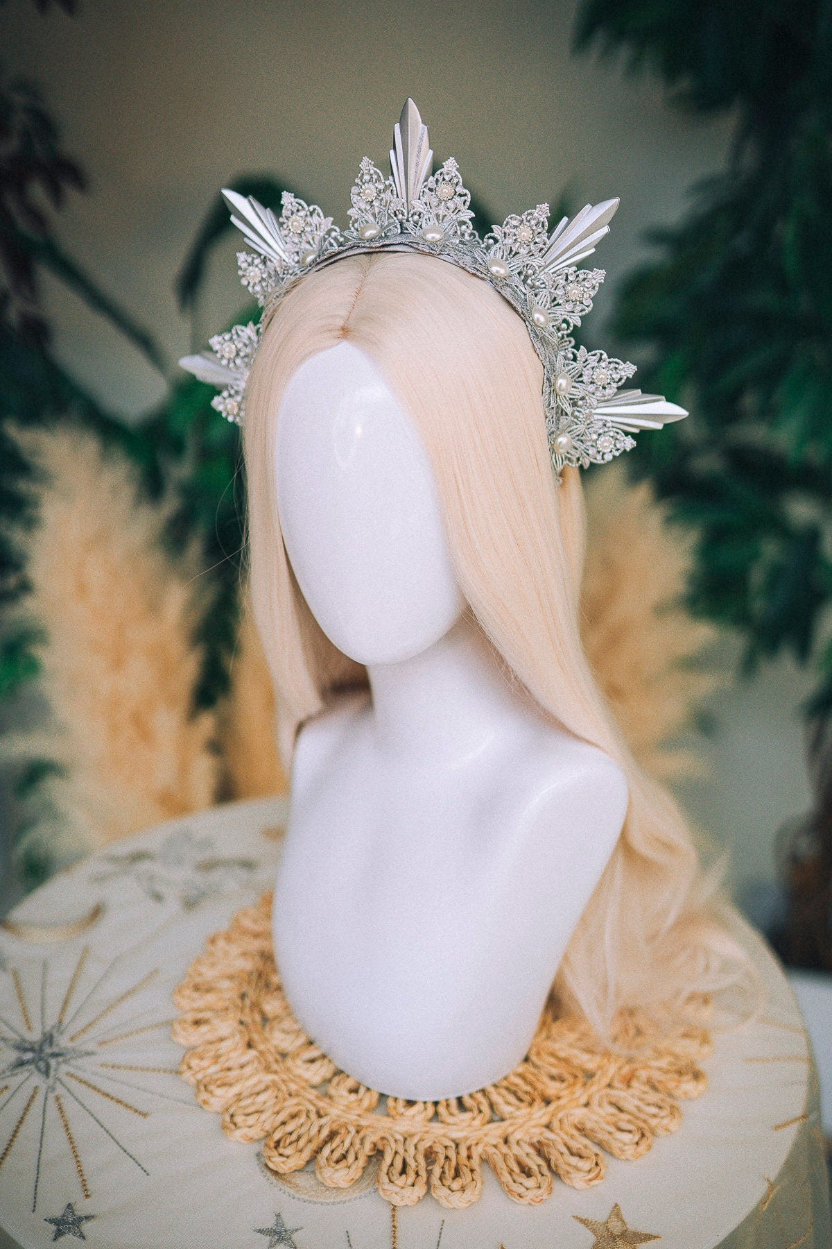 Celestial Ice Queen Crown, Silver Halo Tiara, Snow Queen Headpiece, Fantasy Bridal Crown, Pearl Spikes, Winter Crown, Handmade Headpiece