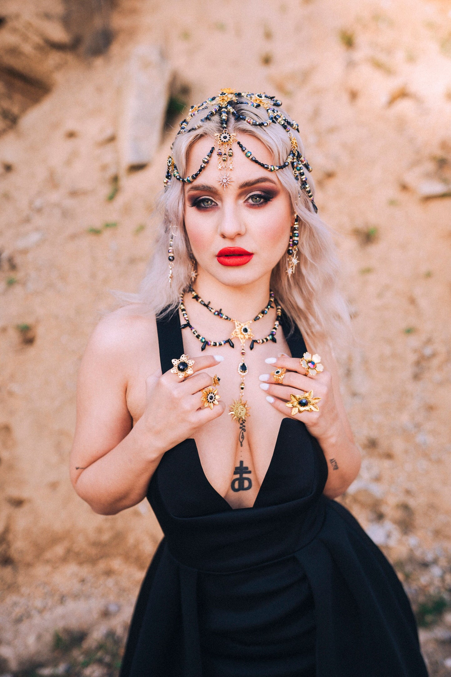 SALE Mystic Goddess Headpiece, Czech Glass Beads, Festival Jewelry, Boho Headpiece, Handmade Bridal Crown, Black Gold Hair Accessory