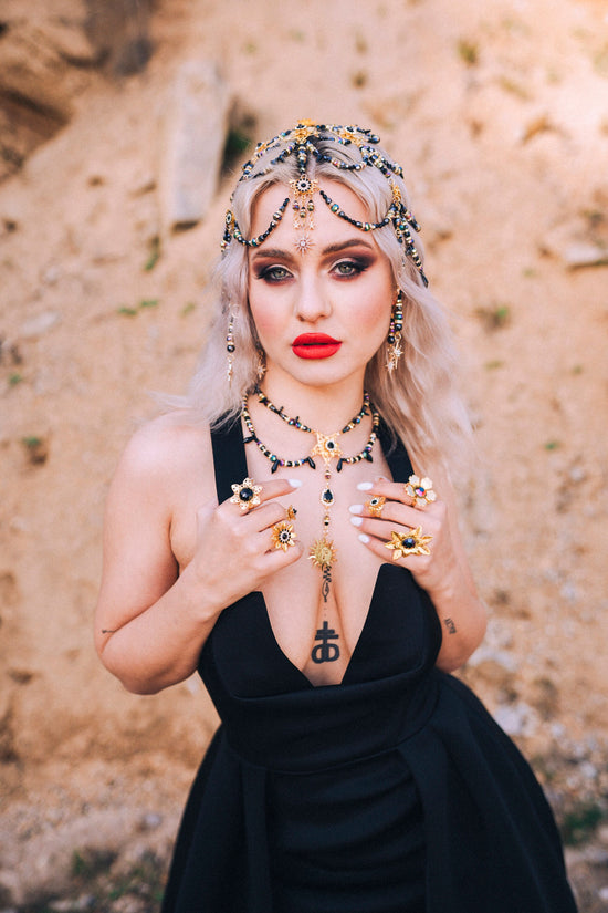 SALE Mystic Goddess Headpiece, Czech Glass Beads, Festival Jewelry, Boho Headpiece, Handmade Bridal Crown, Black Gold Hair Accessory