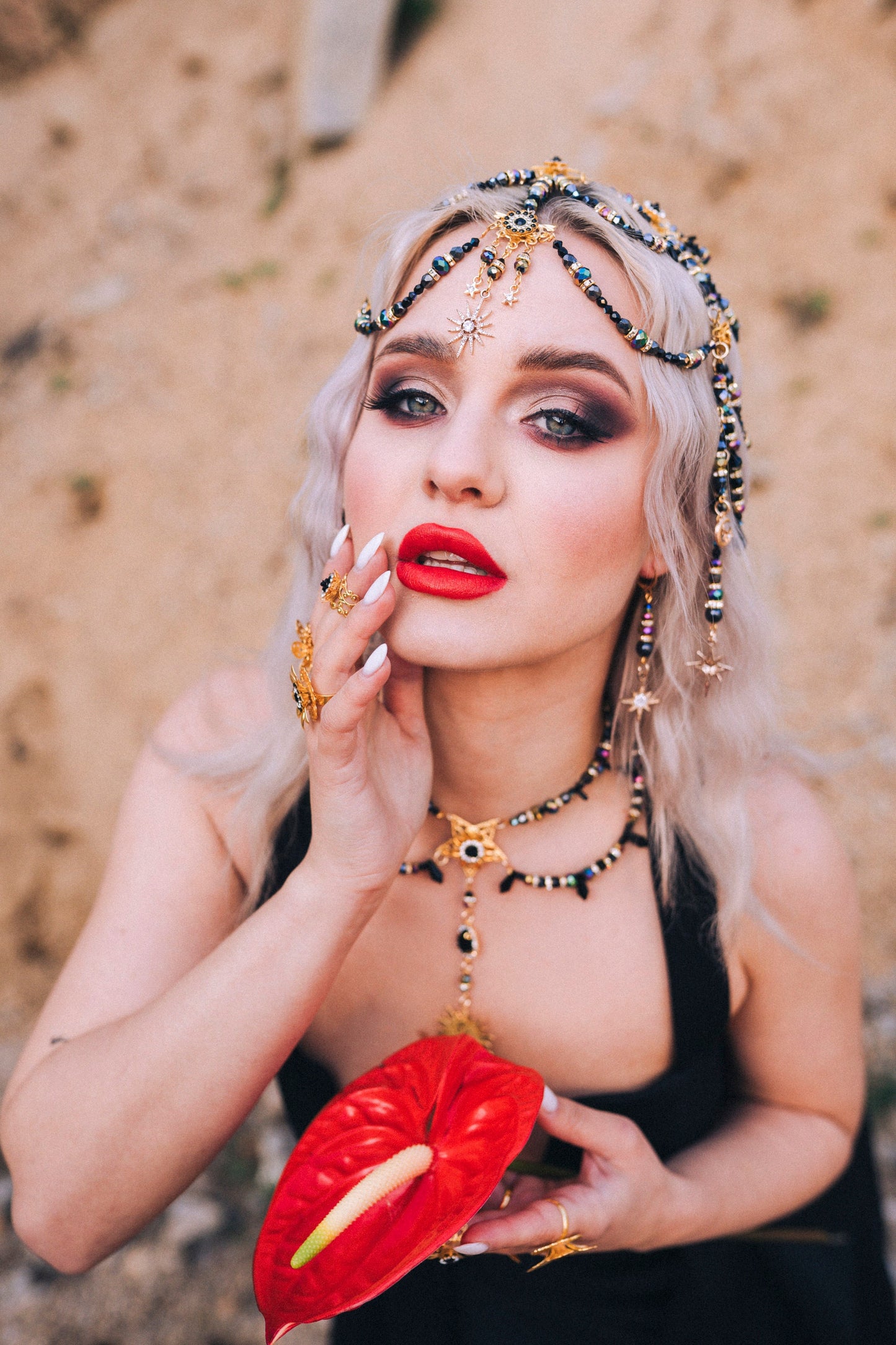 SALE Mystic Goddess Headpiece, Czech Glass Beads, Festival Jewelry, Boho Headpiece, Handmade Bridal Crown, Black Gold Hair Accessory