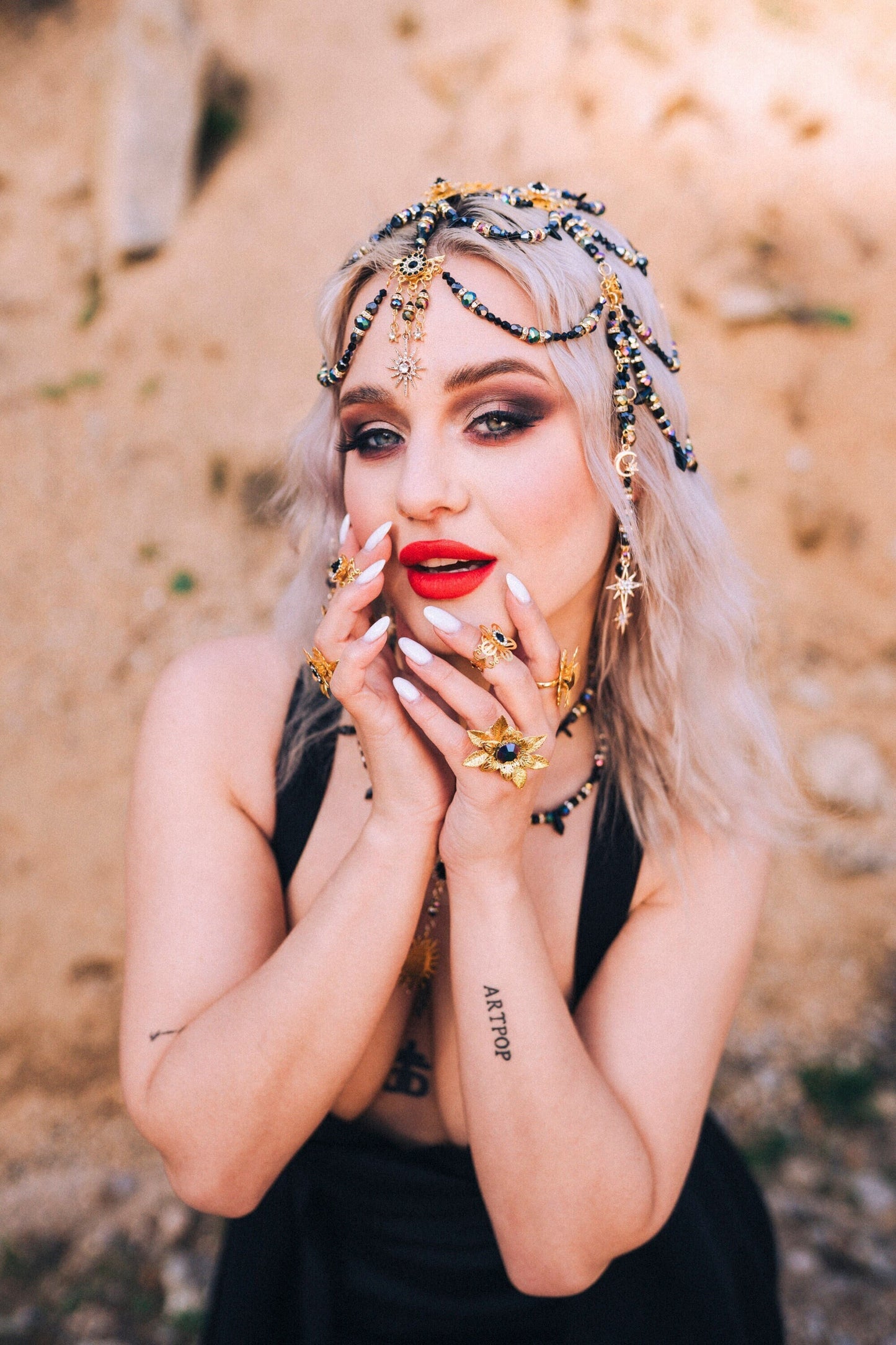 SALE Mystic Goddess Headpiece, Czech Glass Beads, Festival Jewelry, Boho Headpiece, Handmade Bridal Crown, Black Gold Hair Accessory