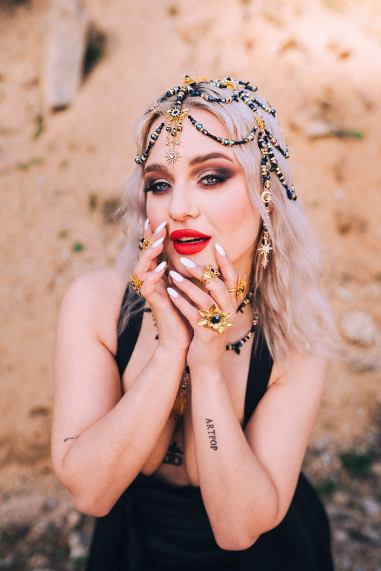 SALE Mystic Goddess Headpiece, Czech Glass Beads, Festival Jewelry, Boho Headpiece, Handmade Bridal Crown, Black Gold Hair Accessory