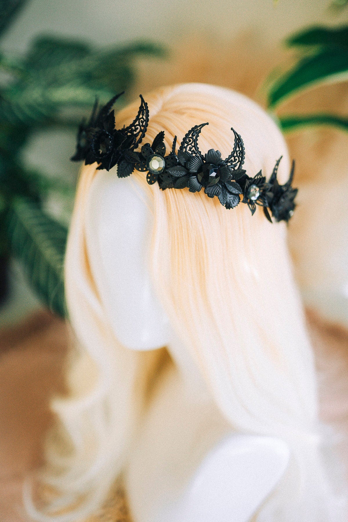 Black Moon Tiara, Celestial Crown, Gothic Tiara, Dark Goddess Headpiece, Black Bridal Crown, Halloween, Festival, Statement Tiara, Witch