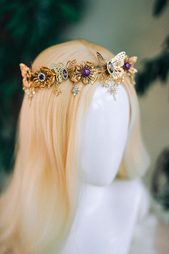 Butterfly Flower Tiara, Gold Headpiece with Crystals Stars Butterflies, Luxury Bridal Crown for Weddings Festivals Special Occasions