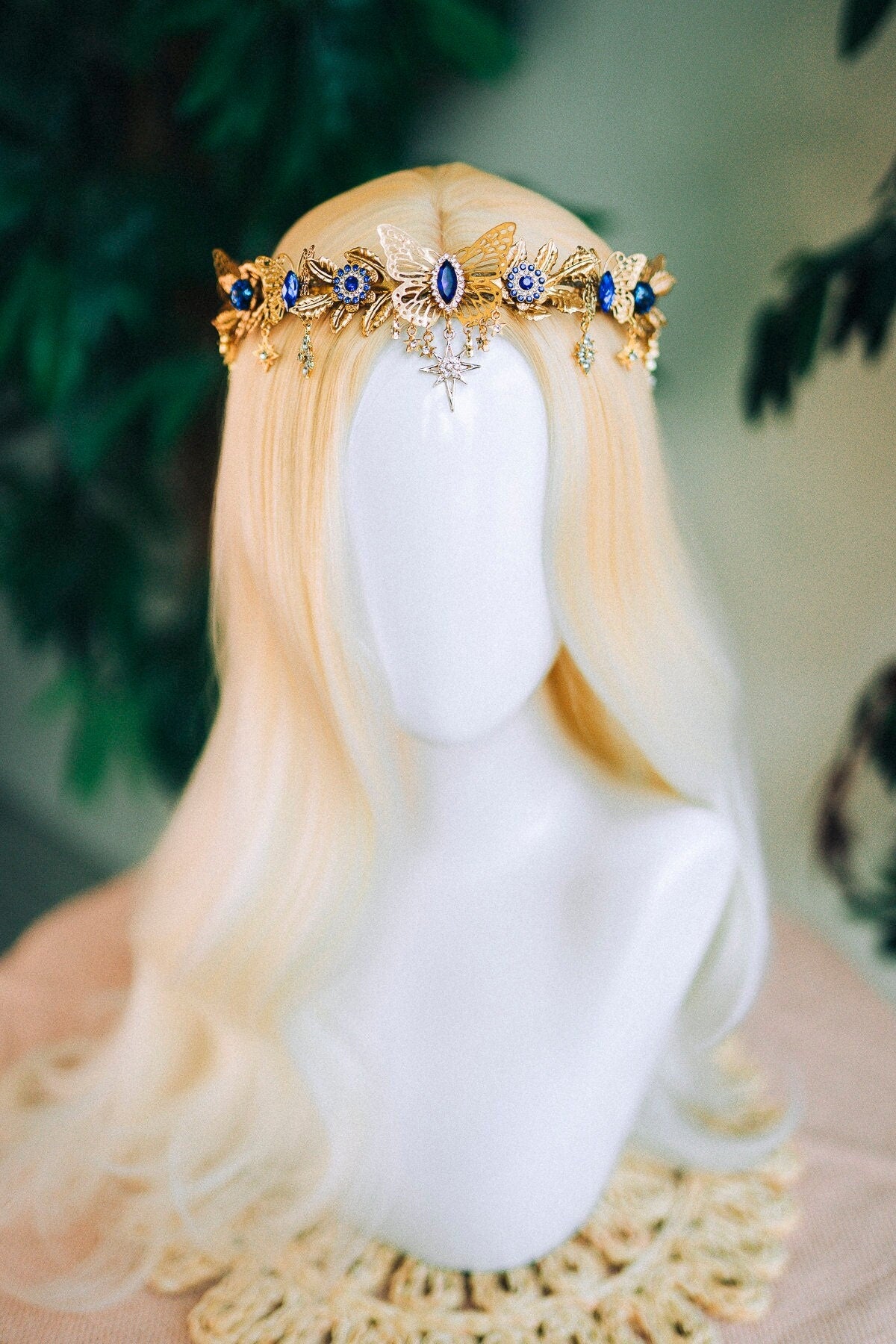 Butterfly Tiara, Gold Crown with Blue Crystals Stars, Bridal Headpiece for Weddings Festivals, Luxury Handmade Tiara for Special Occasions