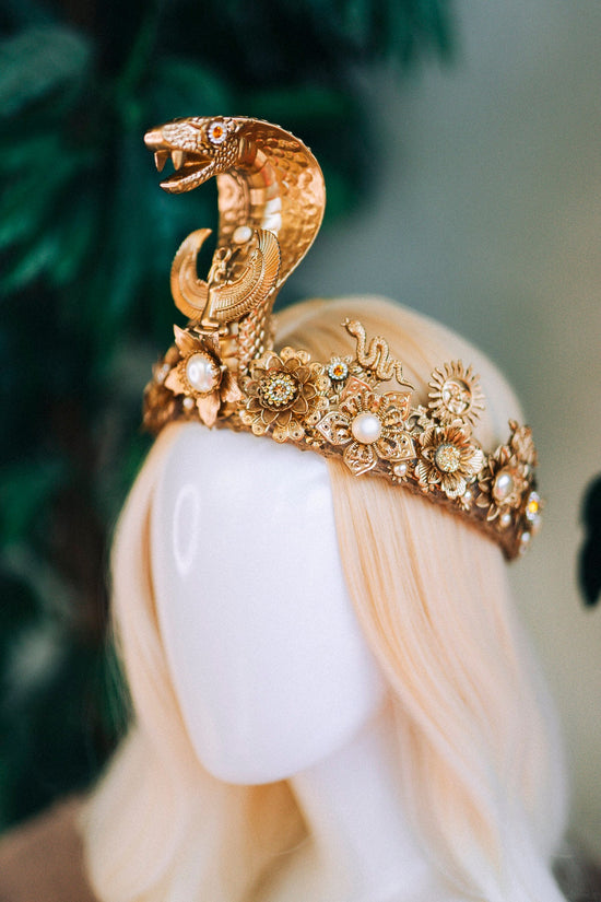 Cleopatra Crown, Egyptian Queen Crown, Gold Cobra Headpiece, Festival Accessories, Carnival Crown, Mardi Gras Headpiece, Halloween Costume