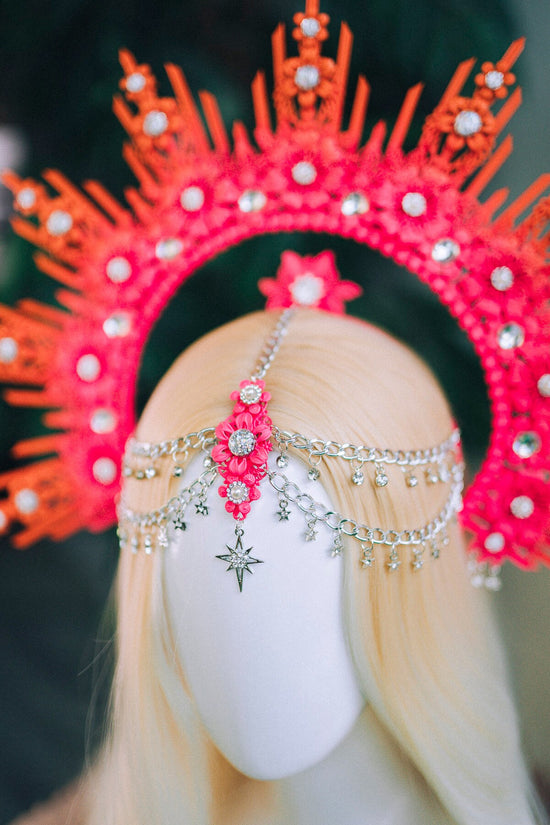 Pink Orange Festival Crown, Floral Goddess Headpiece, Boho Halo Crown, Statement Costume Accessory, Extravagant Headband