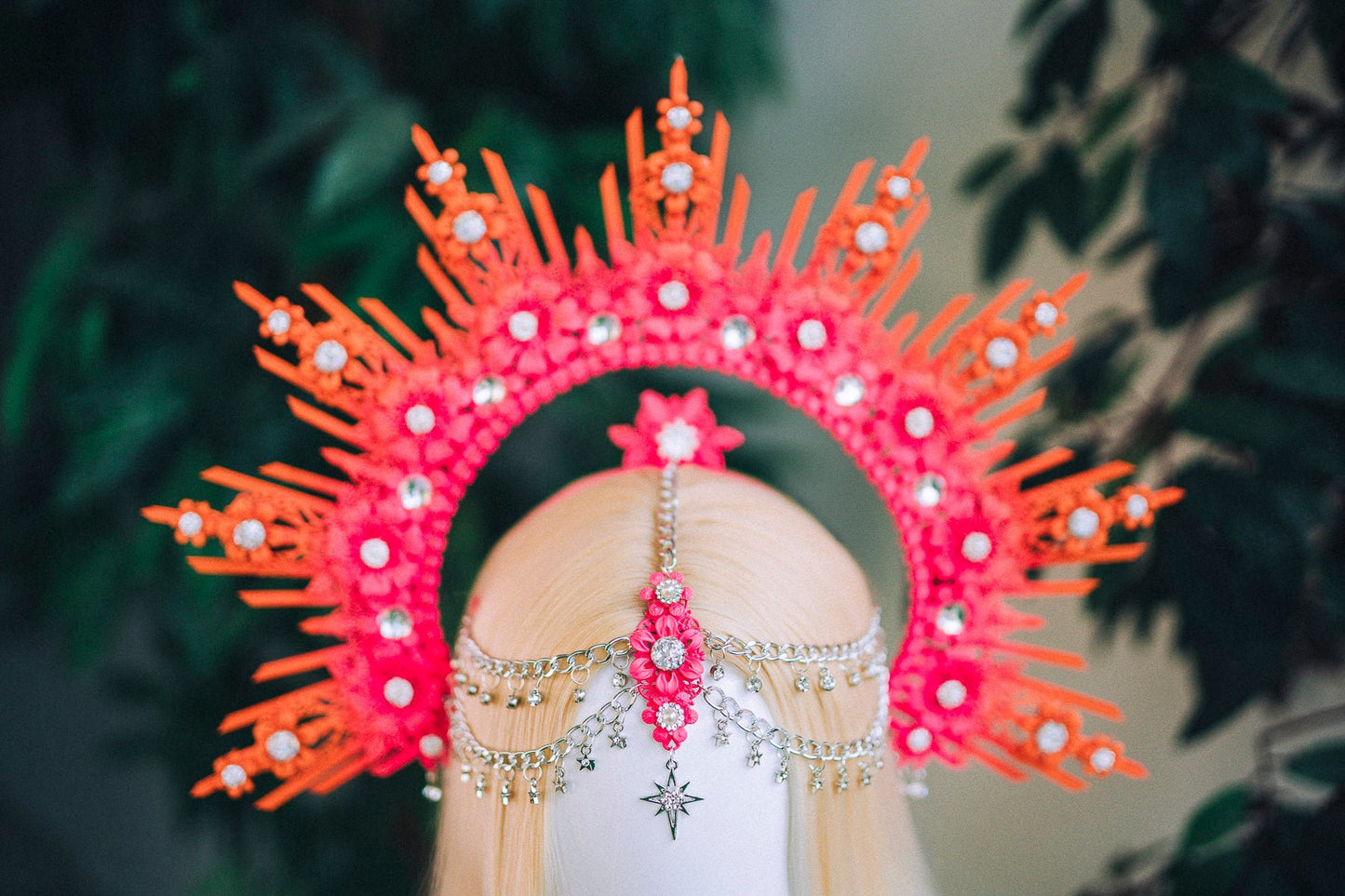 Pink Orange Festival Crown, Floral Goddess Headpiece, Boho Halo Crown, Statement Costume Accessory, Extravagant Headband