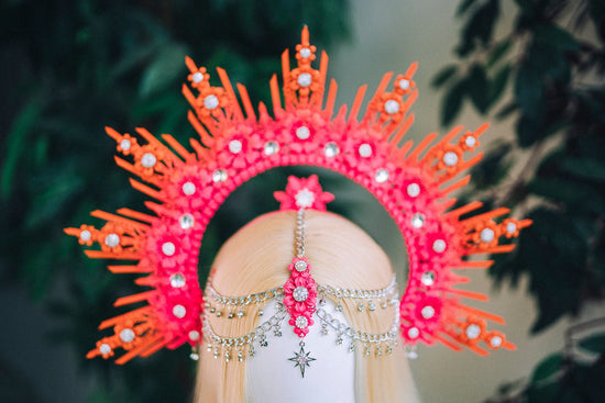 Pink Orange Festival Crown, Floral Goddess Headpiece, Boho Halo Crown, Statement Costume Accessory, Extravagant Headband