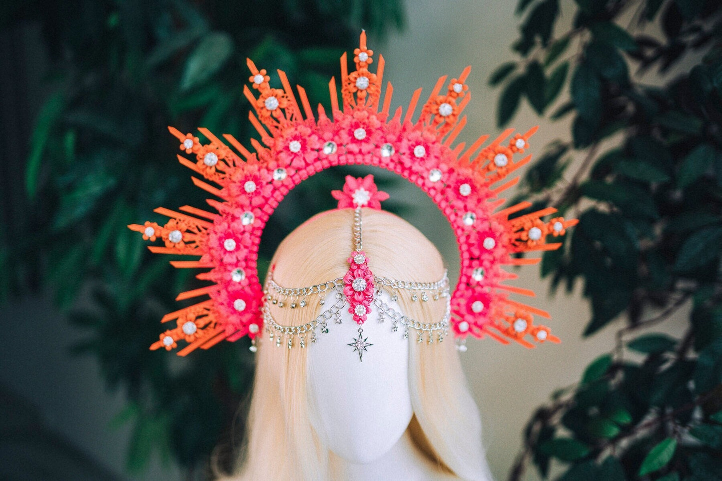 Pink Orange Festival Crown, Floral Goddess Headpiece, Boho Halo Crown, Statement Costume Accessory, Extravagant Headband