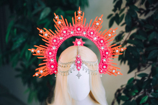 Pink Orange Festival Crown, Floral Goddess Headpiece, Boho Halo Crown, Statement Costume Accessory, Extravagant Headband