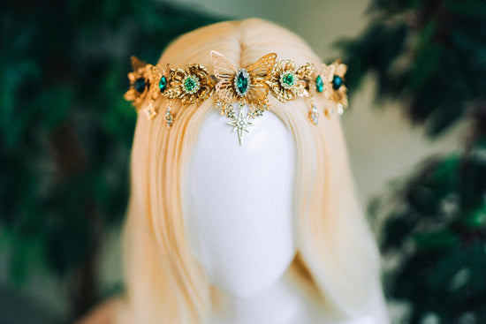 Butterfly Tiara, Gold Crown with Green Crystals Stars, Elegant Bridal Headpiece for Weddings Festivals Occasions, Luxury Handmade Accessory