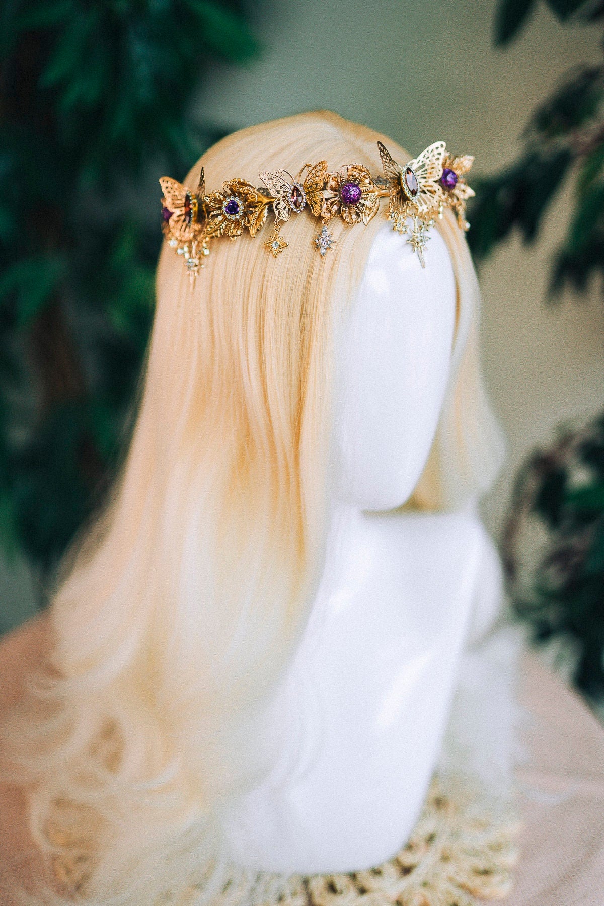 Butterfly Flower Tiara, Gold Headpiece with Crystals Stars Butterflies, Luxury Bridal Crown for Weddings Festivals Special Occasions