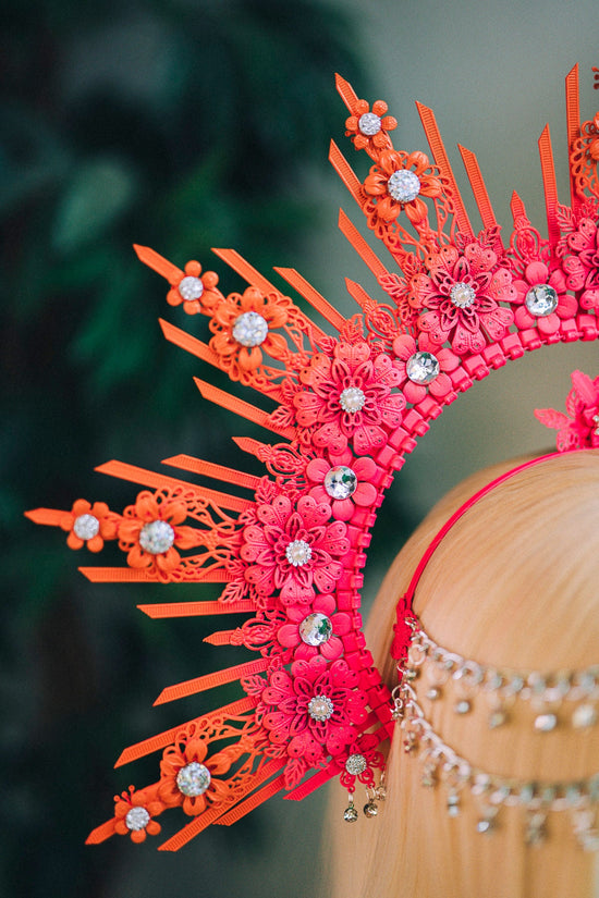 Pink Orange Festival Crown, Floral Goddess Headpiece, Boho Halo Crown, Statement Costume Accessory, Extravagant Headband