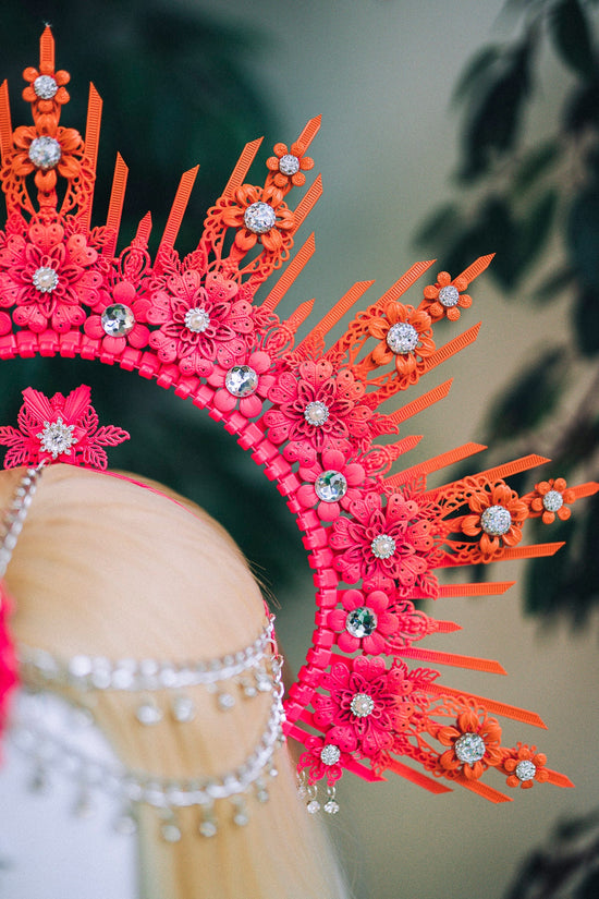 Pink Orange Festival Crown, Floral Goddess Headpiece, Boho Halo Crown, Statement Costume Accessory, Extravagant Headband