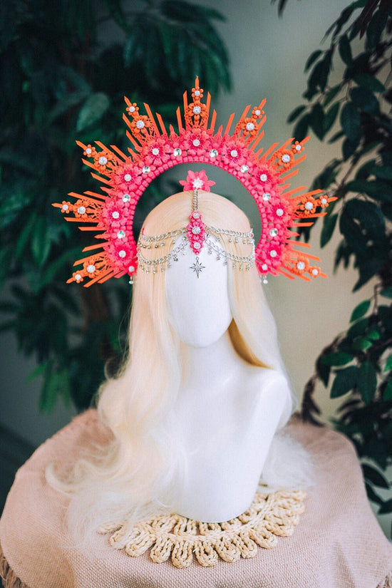 Pink Orange Festival Crown, Floral Goddess Headpiece, Boho Halo Crown, Statement Costume Accessory, Extravagant Headband
