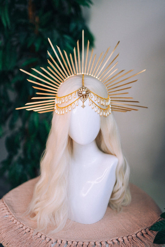 Celestial Halo Crown, Bridal Festival Headpiece, Golden Wedding Tiara, Boho Maternity Photoshoot Crown, Ceremony Headpiece