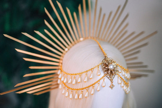 Celestial Halo Crown, Bridal Festival Headpiece, Golden Wedding Tiara, Boho Maternity Photoshoot Crown, Ceremony Headpiece