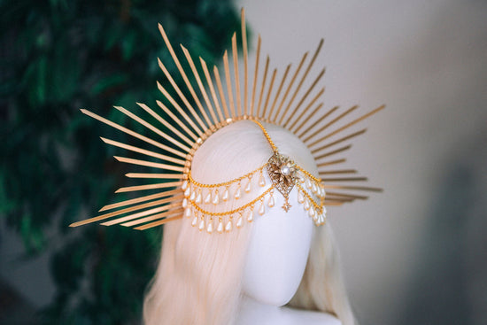 Celestial Halo Crown, Bridal Festival Headpiece, Golden Wedding Tiara, Boho Maternity Photoshoot Crown, Ceremony Headpiece