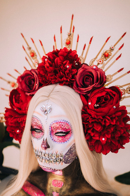 La Catrina Halo Crown, Red Flower Crown, Dia De Los Muertos, Gothic Headpiece, Festival Headdress, Halloween Costume, Mexican Skull Crown