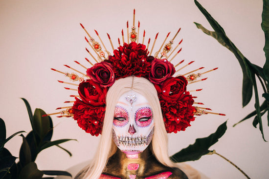 La Catrina Halo Crown, Red Flower Crown, Dia De Los Muertos, Gothic Headpiece, Festival Headdress, Halloween Costume, Mexican Skull Crown