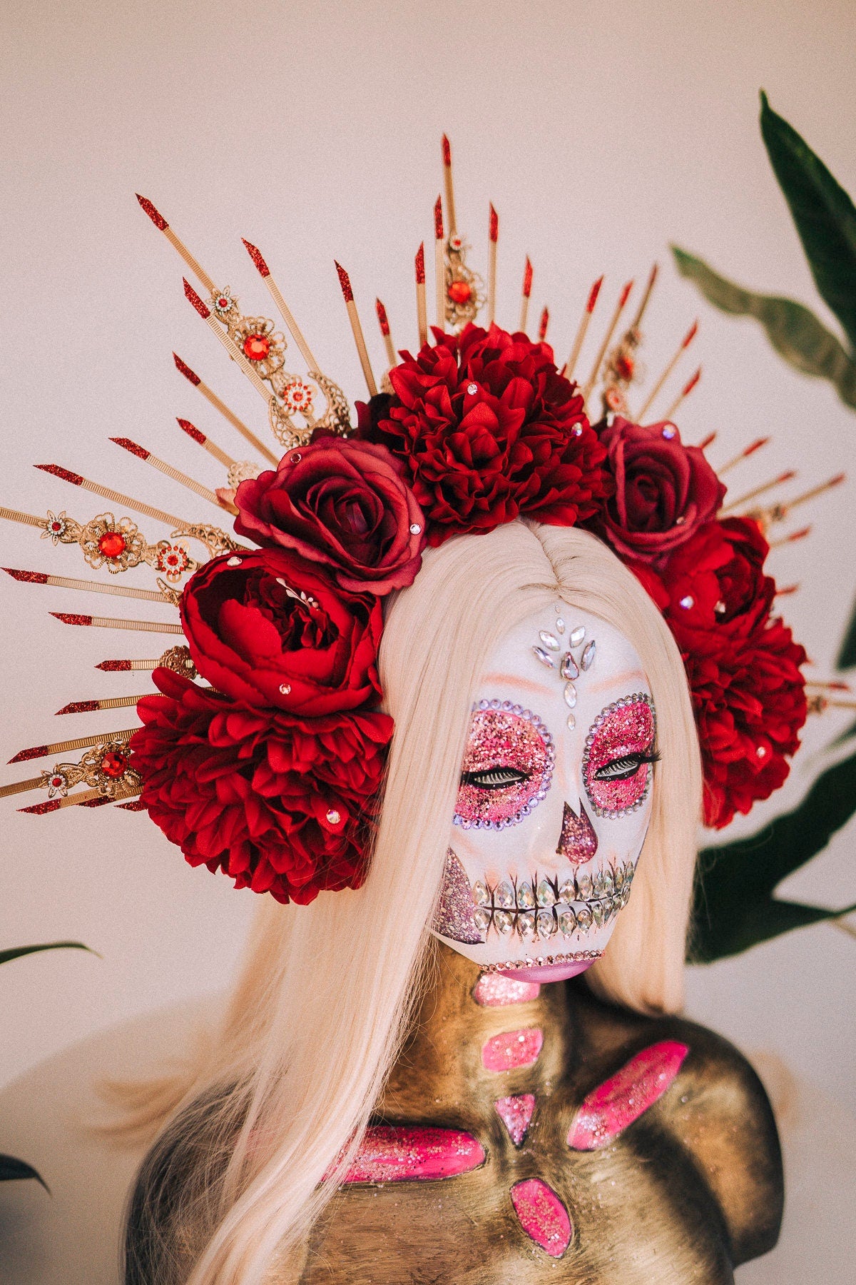 La Catrina Halo Crown, Red Flower Crown, Dia De Los Muertos, Gothic Headpiece, Festival Headdress, Halloween Costume, Mexican Skull Crown
