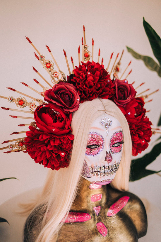 La Catrina Halo Crown, Red Flower Crown, Dia De Los Muertos, Gothic Headpiece, Festival Headdress, Halloween Costume, Mexican Skull Crown