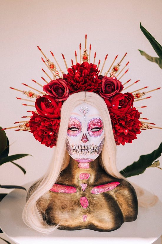 La Catrina Halo Crown, Red Flower Crown, Dia De Los Muertos, Gothic Headpiece, Festival Headdress, Halloween Costume, Mexican Skull Crown