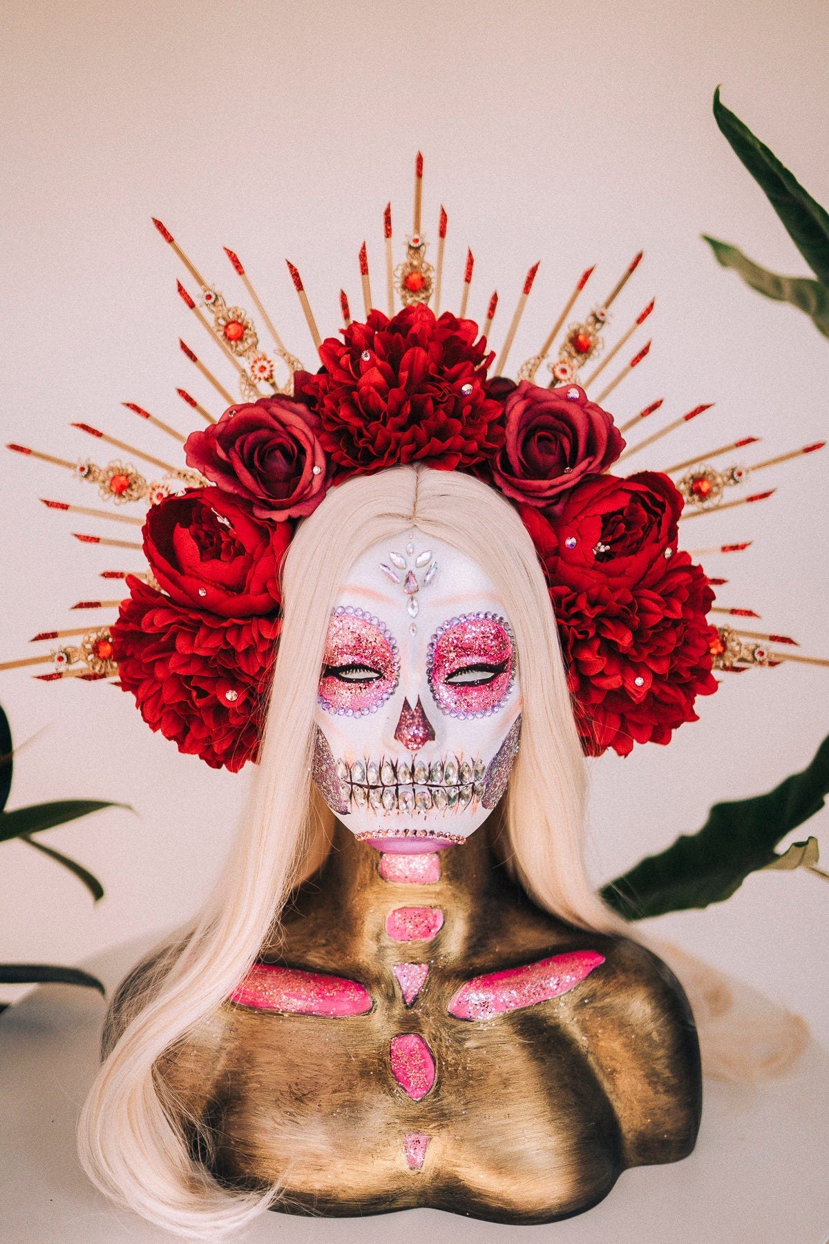 La Catrina Halo Crown, Red Flower Crown, Dia De Los Muertos, Gothic Headpiece, Festival Headdress, Halloween Costume, Mexican Skull Crown