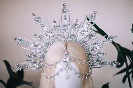Silver halo crown, Bridal headpiece, Flower crown, Silver tiara, Wedding crown, Wedding headpiece, Birthday headband, Halloween, Burning man